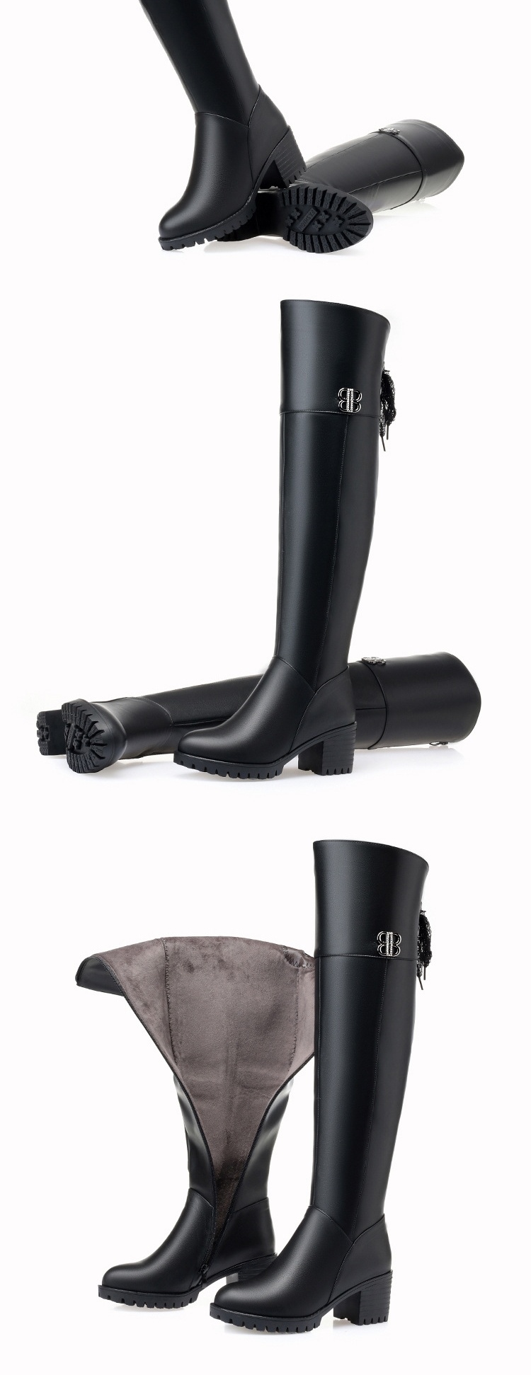 Boot Nữ Da Thật Cổ Cao Qua Gối Lót Lông Ấm Áp Chiều Cao Đế Khoảng 5cm Màu Đen chi tiết 5