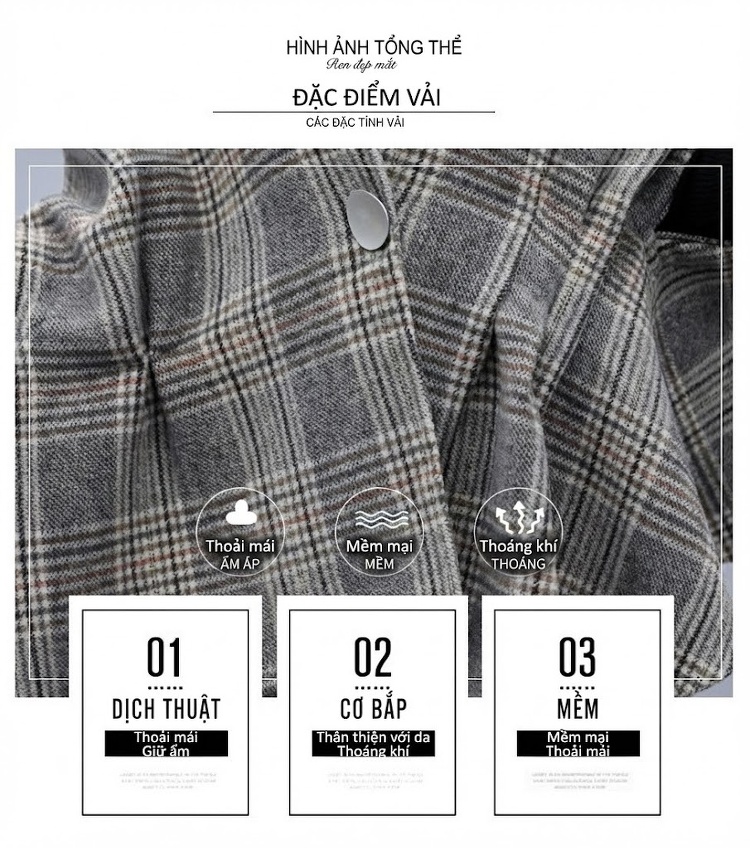 Áo Khoác Choàng Nữ Dạ Tweed Dáng Dài Vừa Phong Cách Hàn Quốc Màu Xám chi tiết 6