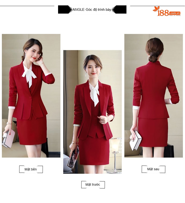 Bộ Vest Công Sở Nữ Dáng Ôm Áo Blazer Chân Váy Màu Đen, Xanh Navy, Đỏ, Xám chi tiết 3