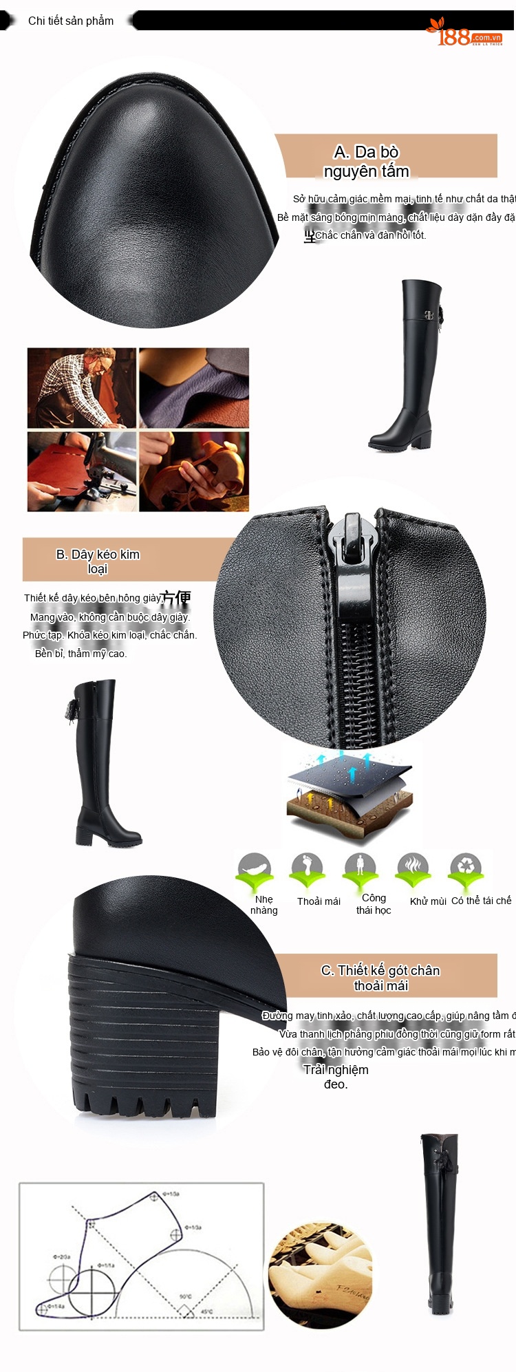 Boot Nữ Da Thật Cổ Cao Qua Gối Lót Lông Ấm Áp Chiều Cao Đế Khoảng 5cm Màu Đen chi tiết 3