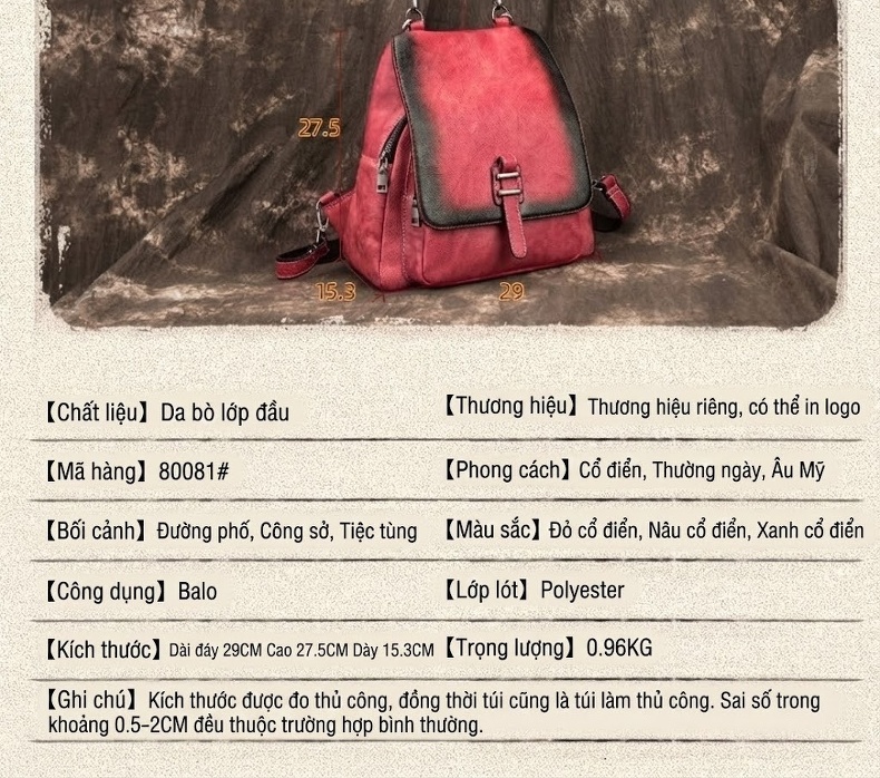 Balo Nữ Da Bò Vintage Đeo Vai/Lưng Màu Đỏ, Xanh Lá, Nâu chi tiết 4