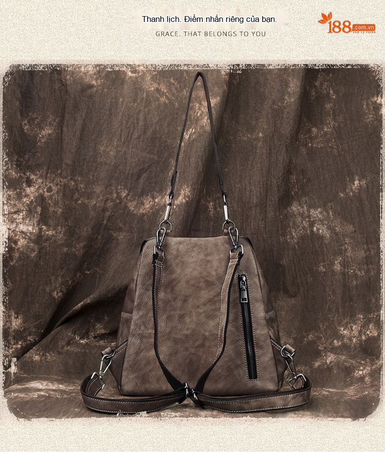 Balo Nữ Da Bò Vintage Đeo Vai/Lưng Màu Đỏ, Xanh Lá, Nâu chi tiết 10