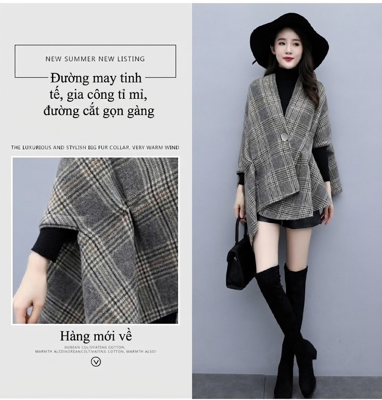 Áo Khoác Choàng Nữ Dạ Tweed Dáng Dài Vừa Phong Cách Hàn Quốc Màu Xám chi tiết 7