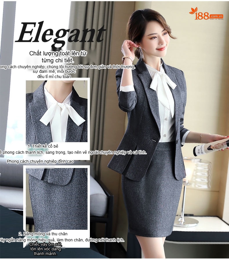 Bộ Vest Công Sở Nữ Dáng Ôm Áo Blazer Chân Váy Màu Đen, Xanh Navy, Đỏ, Xám chi tiết 5