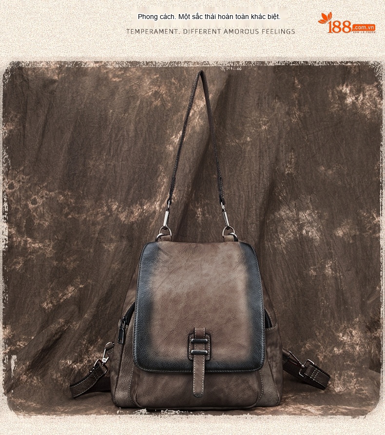 Balo Nữ Da Bò Vintage Đeo Vai/Lưng Màu Đỏ, Xanh Lá, Nâu chi tiết 9
