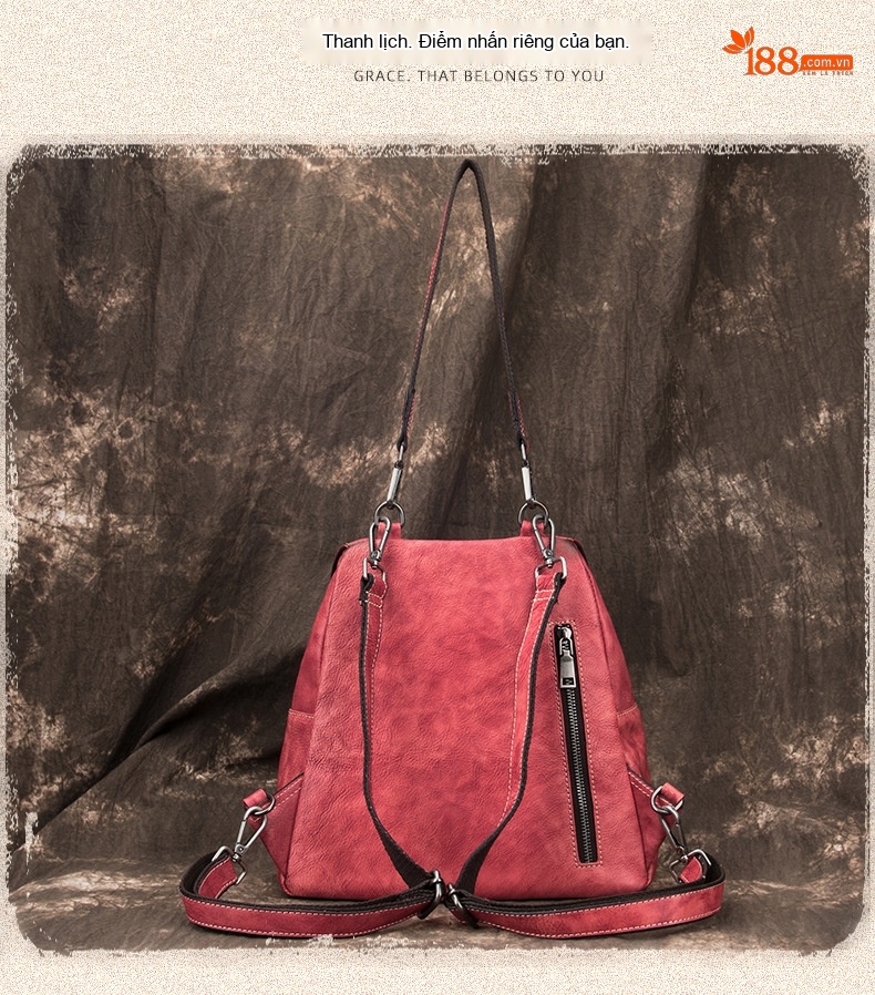 Balo Nữ Da Bò Vintage Đeo Vai/Lưng Màu Đỏ, Xanh Lá, Nâu chi tiết 7