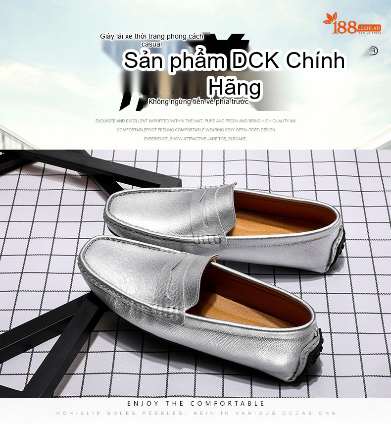 Giày Lười Nam Da Thật Mềm Mại Chiều Cao Đế Khoảng 1cm Màu Xanh Navy, Trắng, Vàng, Xanh Da Trời... chi tiết 6