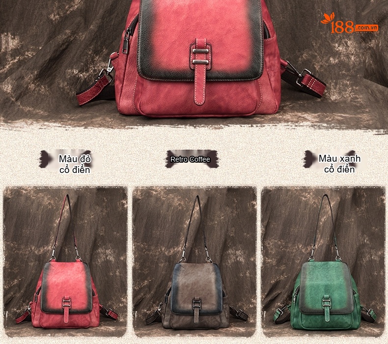 Balo Nữ Da Bò Vintage Đeo Vai/Lưng Màu Đỏ, Xanh Lá, Nâu chi tiết 2