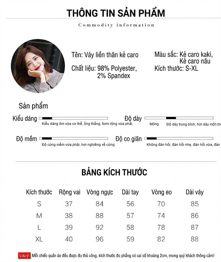 Váy Sơ Mi Nữ dáng chữ A Chiết Eo Tay Dài Họa Tiết Caro Phong Cách Hàn Quốc chi tiết 4