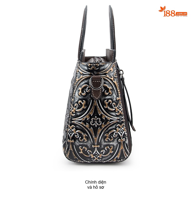 Túi Xách Tay Nữ Da Bò Dập Hoa Văn Vintage Đeo Vai, Đeo Chéo Màu Nâu, Đen chi tiết 16