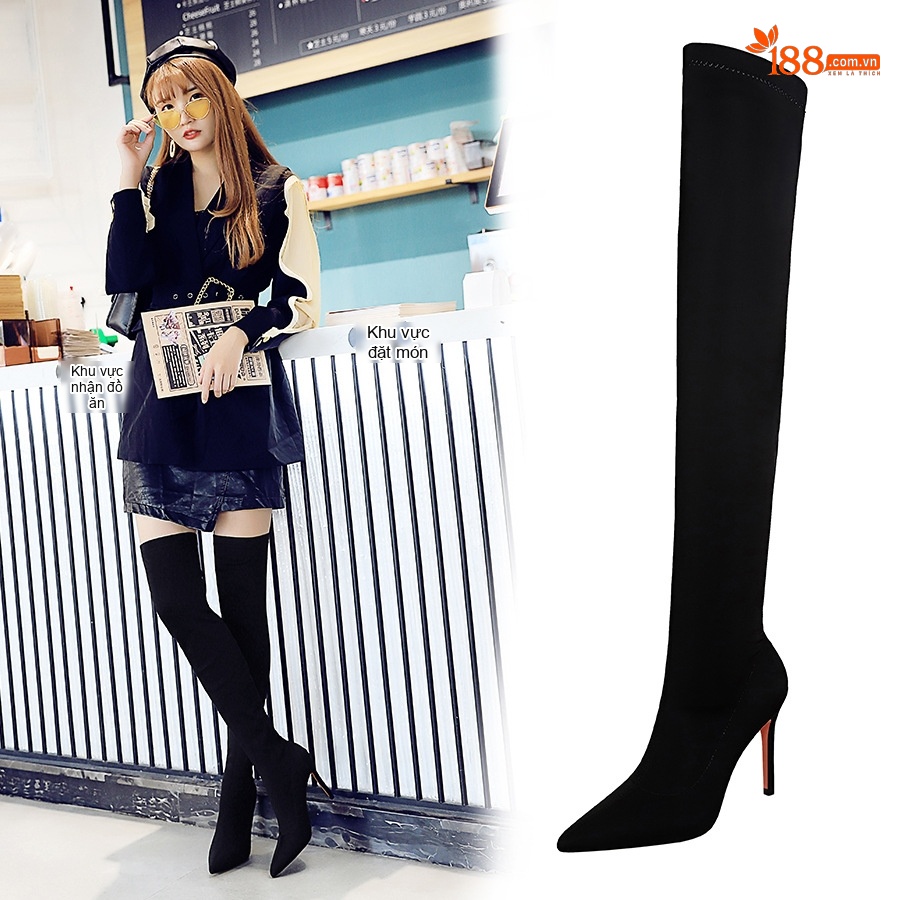 Boot Nữ Ôm Chân Co Giãn Vải Lycra Gót Nhọn Chiều Cao Đế Khoảng 8cm Màu Đen