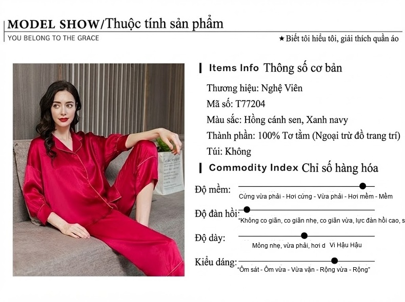Bộ Đồ Ngủ Lụa Tơ Tằm Dài Tay Quần Dài Màu Đỏ, Xanh Navy chi tiết 4