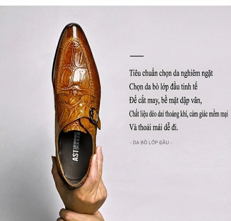 Giày Tây Nam Da Bò Vân Cá Sấu Khóa Cài Chiều Cao Đế Khoảng 3cm Màu Đen, Nâu chi tiết 5