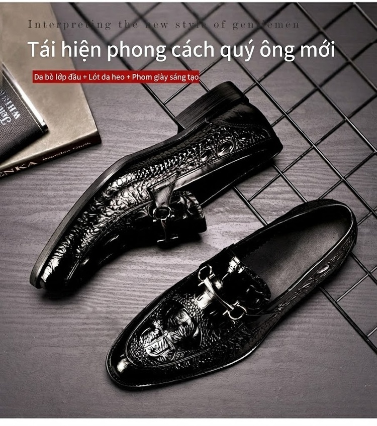 Giày Lười Nam Da Bò Vân Cá Sấu Chiều Cao Đế Khoảng 3cm Màu Đen, Nâu chi tiết 2