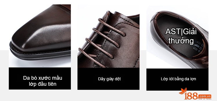 Giày Tây Buộc Dây Nam Da Bò Chiều Cao Đế Khoảng 3cm Màu Đen, Nâu chi tiết 3