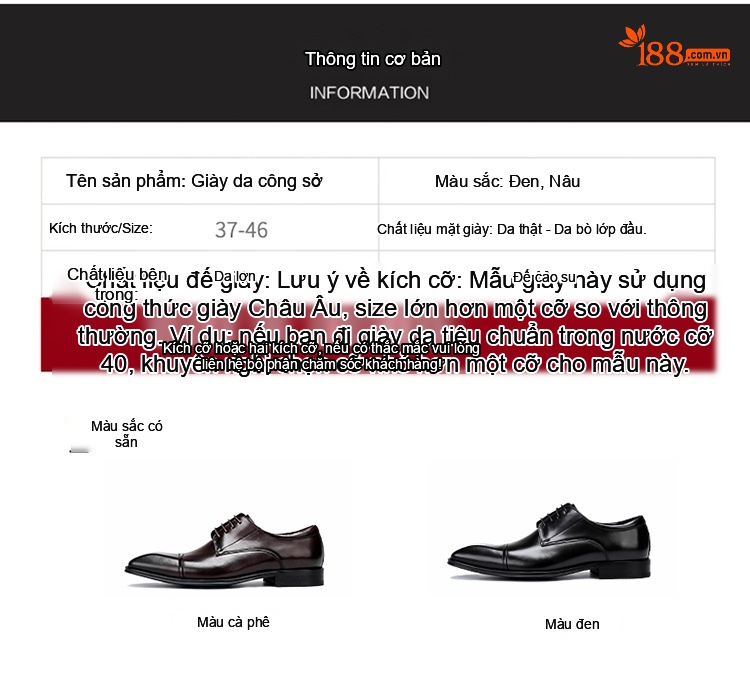 Giày Tây Buộc Dây Nam Da Bò Chiều Cao Đế Khoảng 3cm Màu Đen, Nâu chi tiết 7