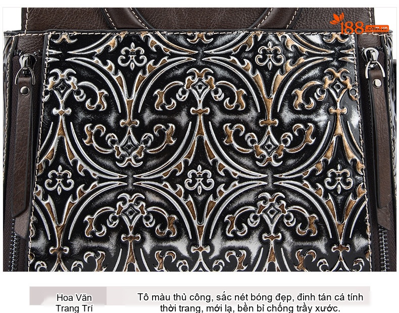Túi Xách Tay Nữ Da Bò Dập Hoa Văn Vintage Đeo Vai, Đeo Chéo Màu Nâu, Đen chi tiết 25