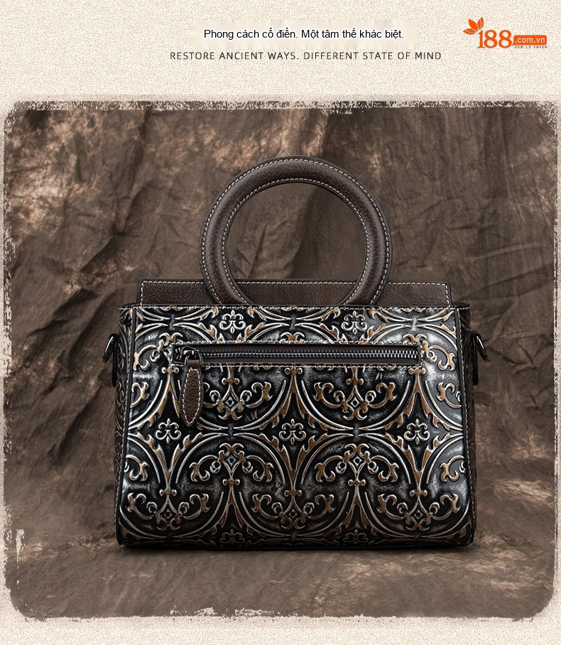 Túi Xách Tay Nữ Da Bò Dập Hoa Văn Vintage Đeo Vai, Đeo Chéo Màu Nâu, Đen chi tiết 8