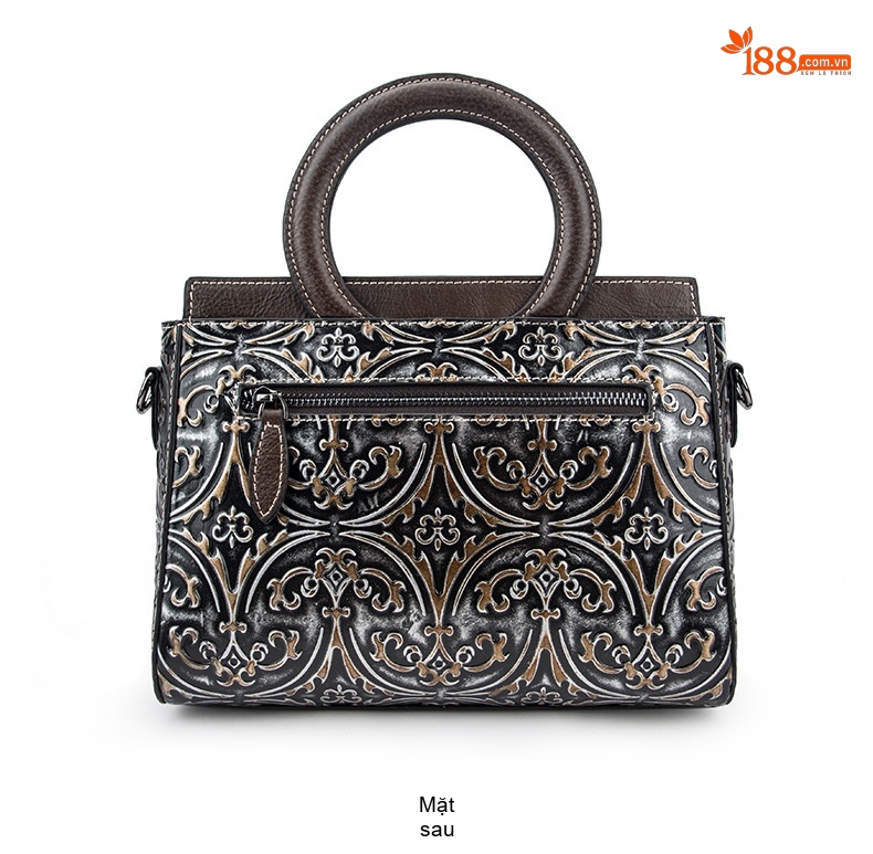 Túi Xách Tay Nữ Da Bò Dập Hoa Văn Vintage Đeo Vai, Đeo Chéo Màu Nâu, Đen chi tiết 17
