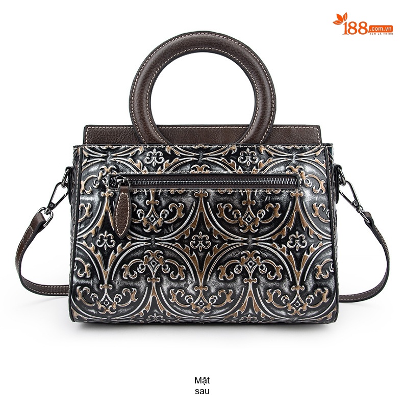 Túi Xách Tay Nữ Da Bò Dập Hoa Văn Vintage Đeo Vai, Đeo Chéo Màu Nâu, Đen chi tiết 13