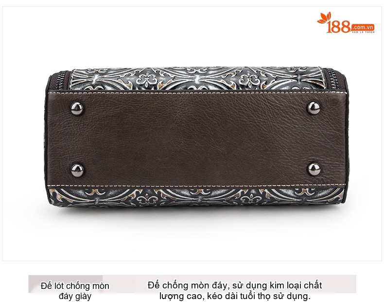 Túi Xách Tay Nữ Da Bò Dập Hoa Văn Vintage Đeo Vai, Đeo Chéo Màu Nâu, Đen chi tiết 28