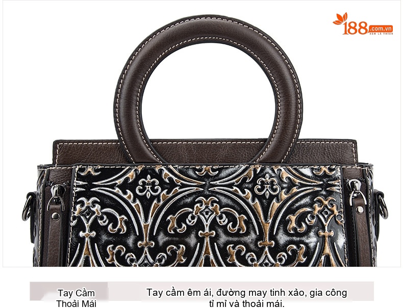 Túi Xách Tay Nữ Da Bò Dập Hoa Văn Vintage Đeo Vai, Đeo Chéo Màu Nâu, Đen chi tiết 23