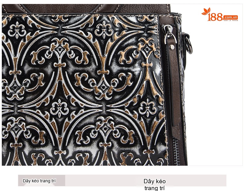 Túi Xách Tay Nữ Da Bò Dập Hoa Văn Vintage Đeo Vai, Đeo Chéo Màu Nâu, Đen chi tiết 24