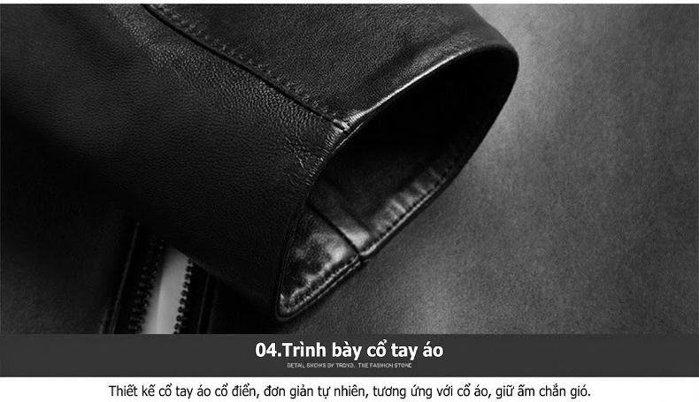 Áo Khoác Da Nam Da Cừu Cổ Bẻ Khóa Kéo Dáng Ôm Màu Đen chi tiết 10