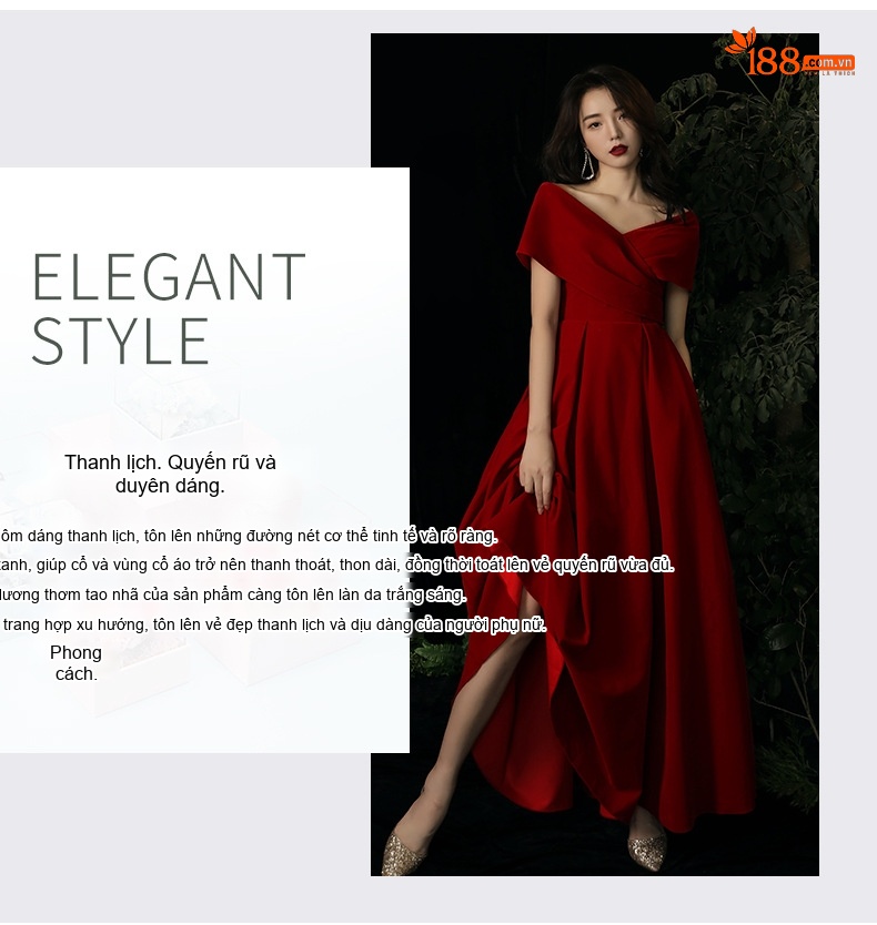 Váy Dạ Hội Dáng Dài Cổ chữ V Chữ A Màu Đỏ Rượu, Đen chi tiết 2