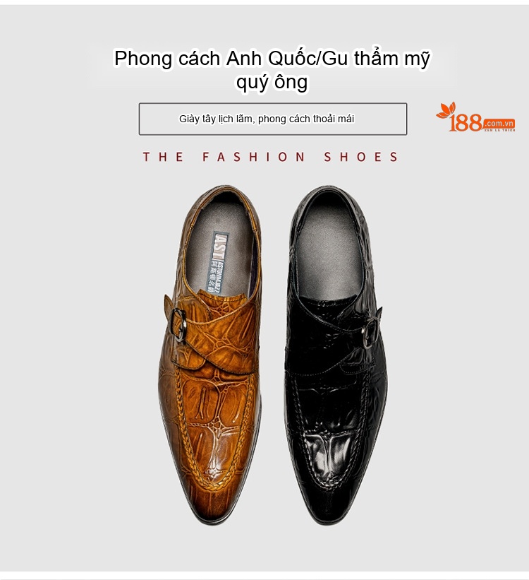 Giày Tây Nam Da Bò Vân Cá Sấu Khóa Cài Chiều Cao Đế Khoảng 3cm Màu Đen, Nâu chi tiết 1