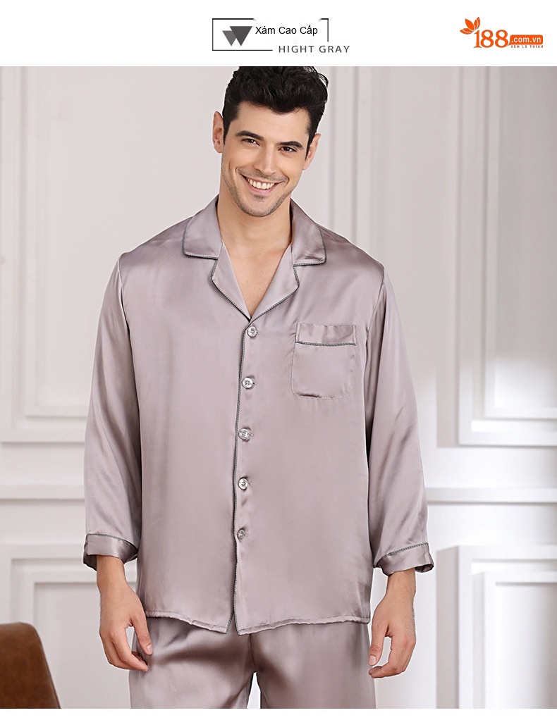 Bộ Đồ Ngủ Lụa Tơ Tằm Dài Tay Nam 100% Màu Đỏ, Xám, Xanh Navy chi tiết 9