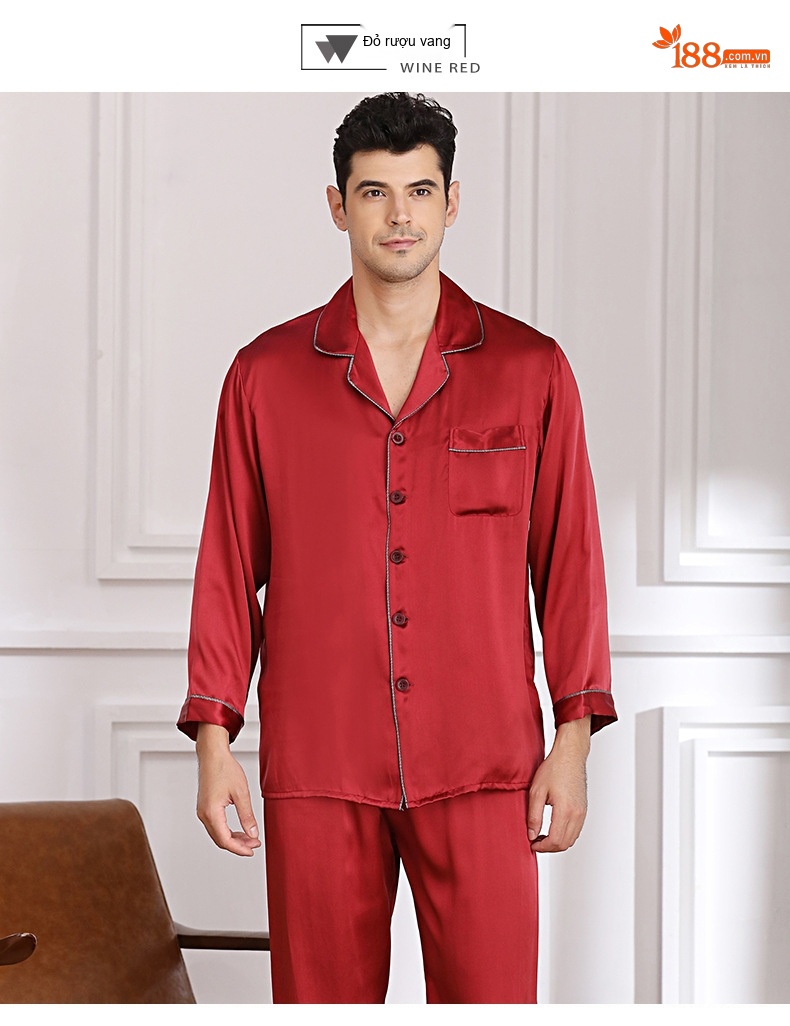 Bộ Đồ Ngủ Lụa Tơ Tằm Dài Tay Nam 100% Màu Đỏ, Xám, Xanh Navy chi tiết 7