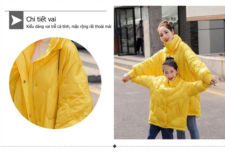 Áo Khoác Gia Đình Mẹ Và Bé Gái Trám Bông Gòn Kiểu Hàn Quốc Màu Vàng, Xanh Navy chi tiết 4