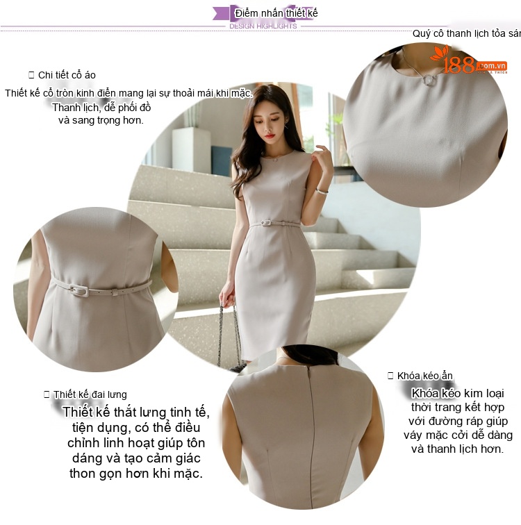 Váy Ôm Body Nữ Cổ Tròn Không Tay Dáng Liền Thắt Eo Màu Be chi tiết 2
