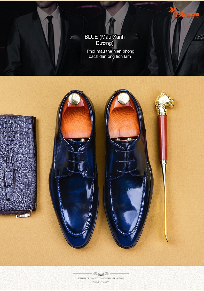Giày Tây Buộc Dây Nam Da Thật Chiều Cao Đế Khoảng 3cm Màu Đen, Xanh Navy, Đỏ chi tiết 2
