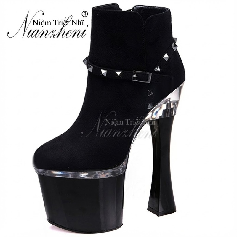 Boot Cổ Ngắn Nữ Da Bóng Chiều Cao Đế 15cm, Gót Nhọn 13cm Màu Đen