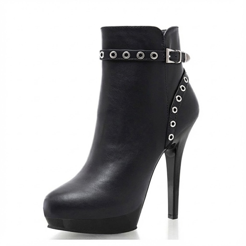 Boot Cổ Ngắn Nữ Da Bóng Chiều Cao Đế 15cm, Gót Nhọn 13cm Màu Đen