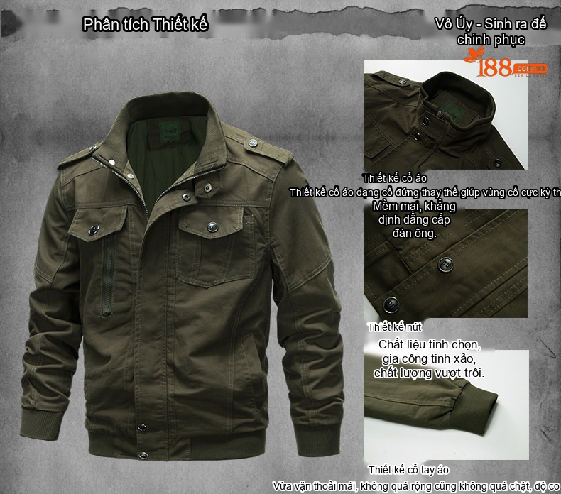 Áo Khoác Bomber Nam Cotton Size Lớn 6XL Nhiều Túi Phong Cách Âu Mỹ Màu Xanh Olive, Đen chi tiết 6