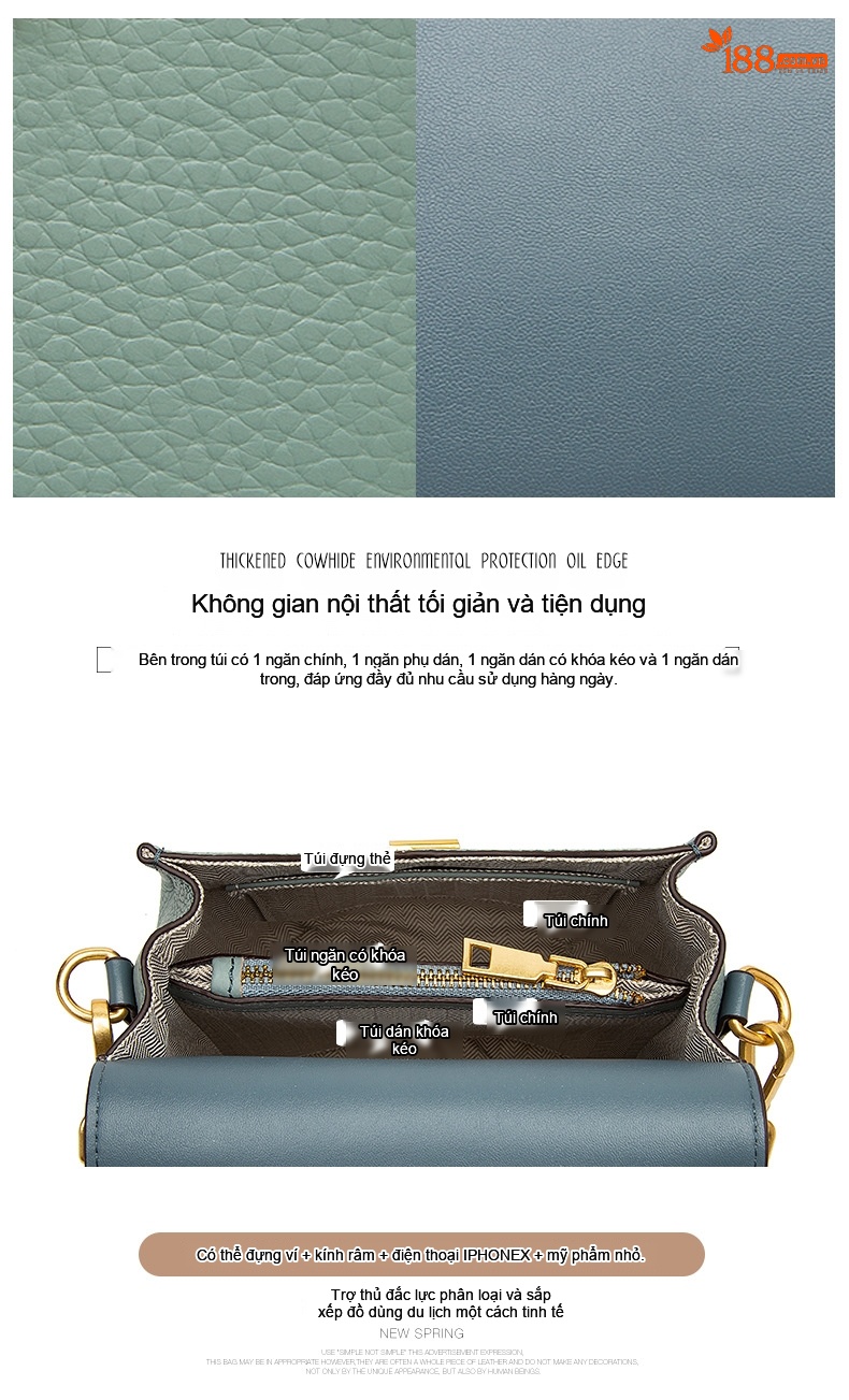 Túi Đeo Vai Nữ Da Thật Dáng Thùng Phối Màu Thanh Lịch chi tiết 5