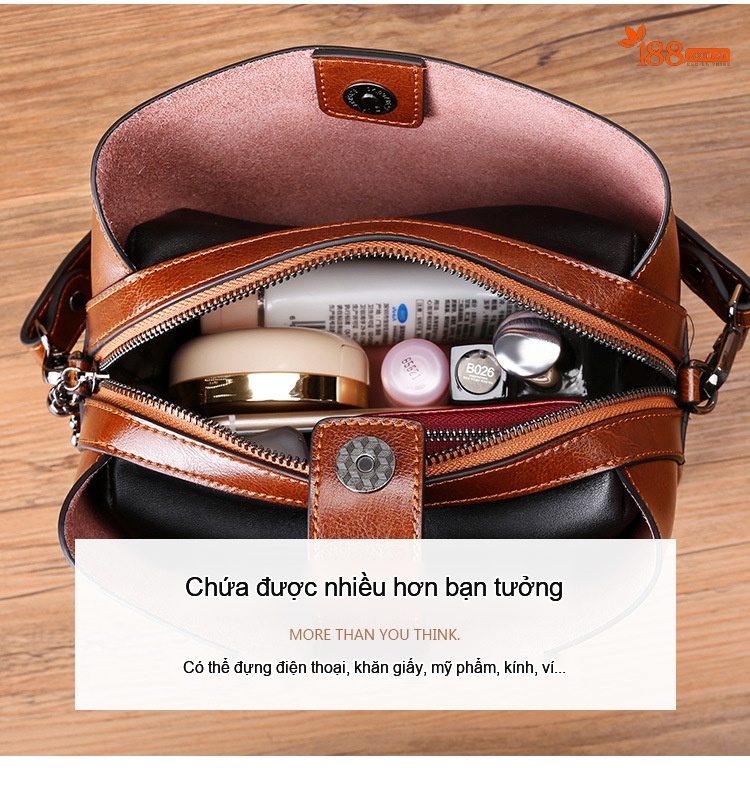 Túi Đeo Vai Nữ Da Bò Dáng Trống Đeo Chéo Nhiều Ngăn Màu Nâu, Đen, Đỏ chi tiết 18