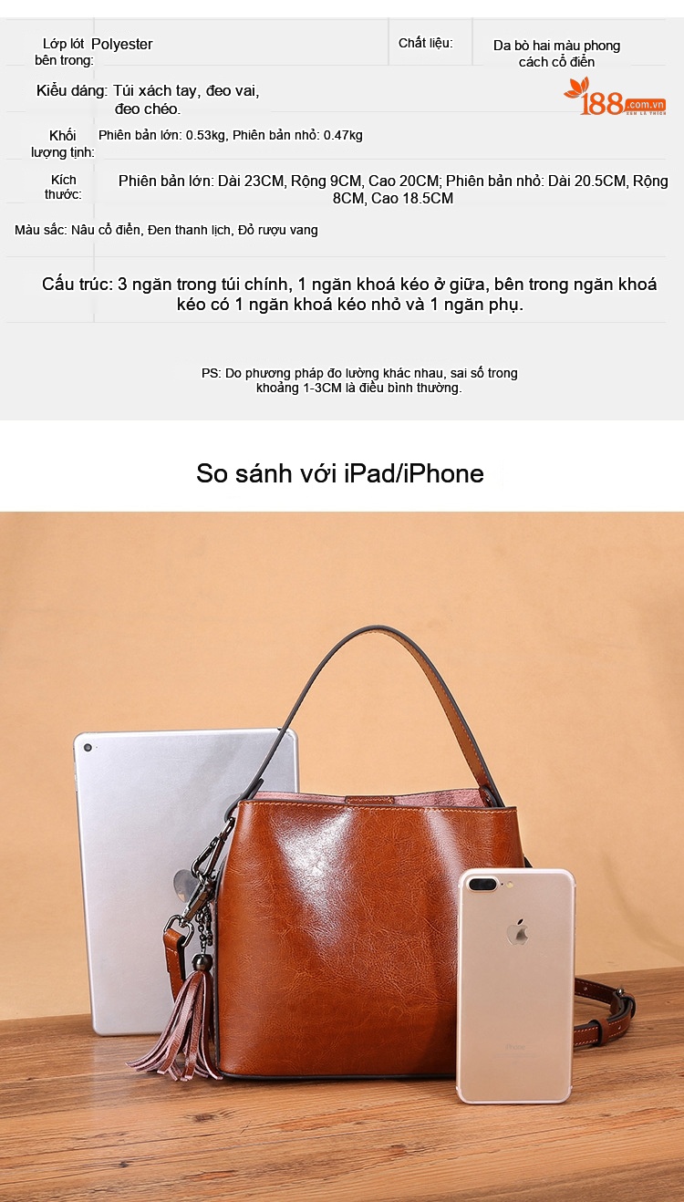 Túi Đeo Vai Nữ Da Bò Dáng Trống Đeo Chéo Nhiều Ngăn Màu Nâu, Đen, Đỏ chi tiết 4