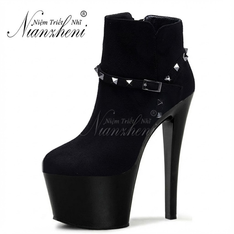 Boot Cổ Ngắn Nữ Da Bóng Chiều Cao Đế 15cm, Gót Nhọn 13cm Màu Đen
