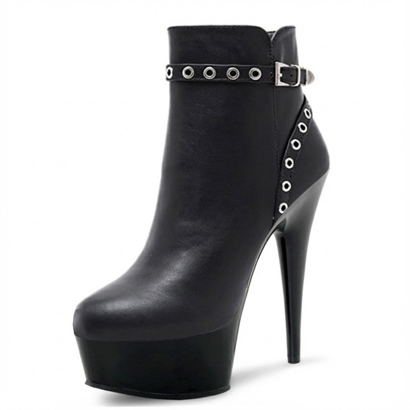 Boot Cổ Ngắn Nữ Da Bóng Chiều Cao Đế 15cm, Gót Nhọn 13cm Màu Đen