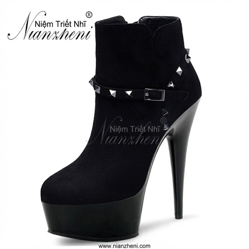 Boot Cổ Ngắn Nữ Da Bóng Chiều Cao Đế 15cm, Gót Nhọn 13cm Màu Đen