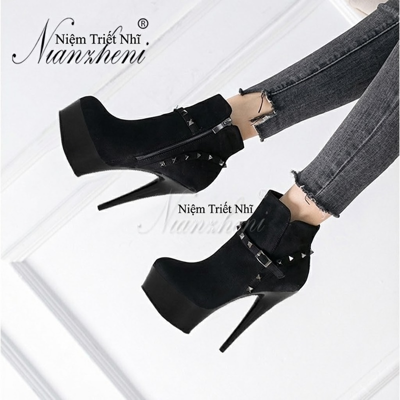 Boot Cổ Ngắn Nữ Da Bóng Chiều Cao Đế 15cm, Gót Nhọn 13cm Màu Đen chi tiết 6