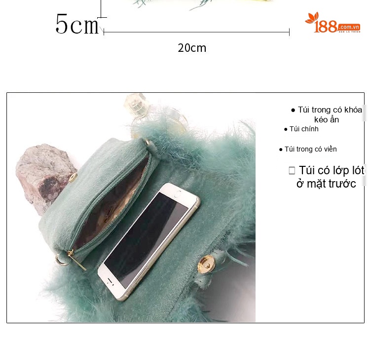 Túi Xách Dự Tiệc Nữ Đính Đá Lông Đà Điểu Cầm Tay Sang Trọng Màu Đen, Xanh Ngọc, Hồng, Trắng... chi tiết 7