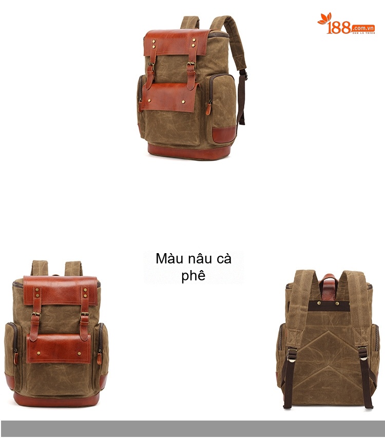 Balo Đôi Vải Canvas Da Thật Du Lịch Leo Núi Cho Nam Nữ Màu Xanh Rêu, Nâu, Đen, Xám chi tiết 4