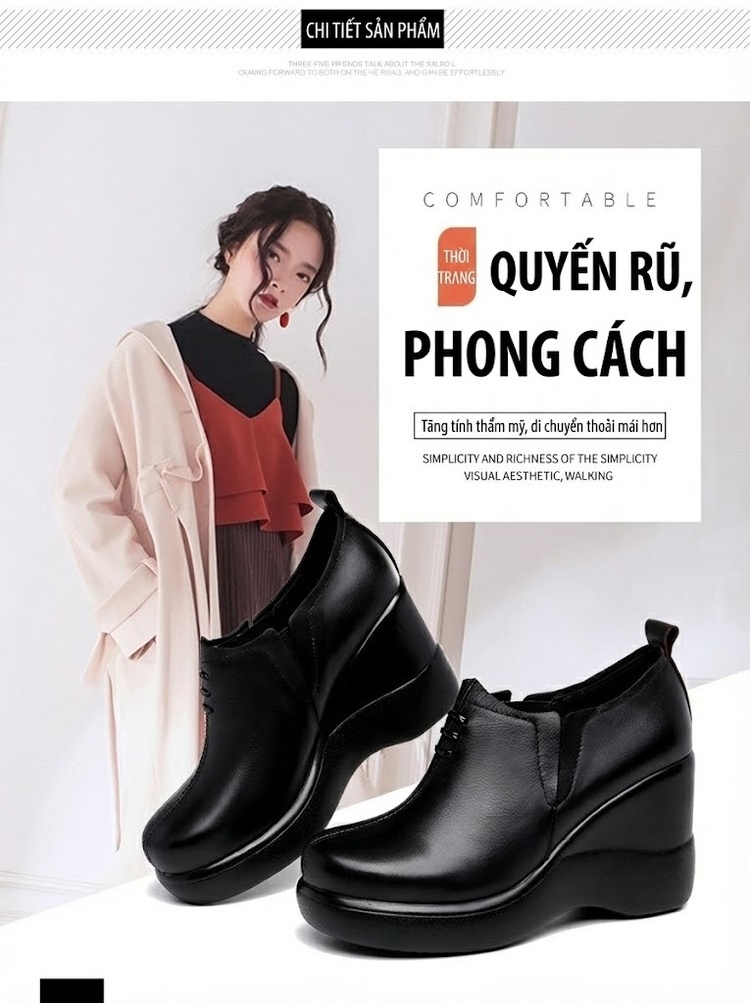 Giày Búp Bê Nữ Da Bóng Đế Xuồng Lót Lông Chiều Cao Đế Khoảng 6cm Màu Đen chi tiết 4