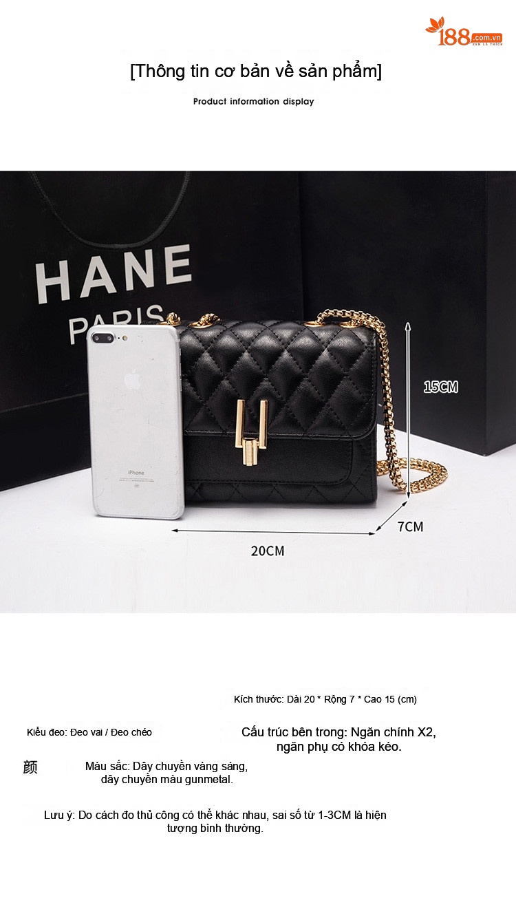 Túi Đeo Vai Nữ Da Thật Mini Dây Xích Trám Ô Màu Đen chi tiết 10
