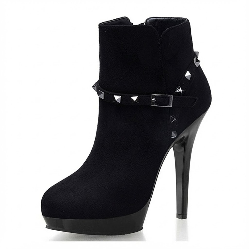 Boot Cổ Ngắn Nữ Da Bóng Chiều Cao Đế 15cm, Gót Nhọn 13cm Màu Đen